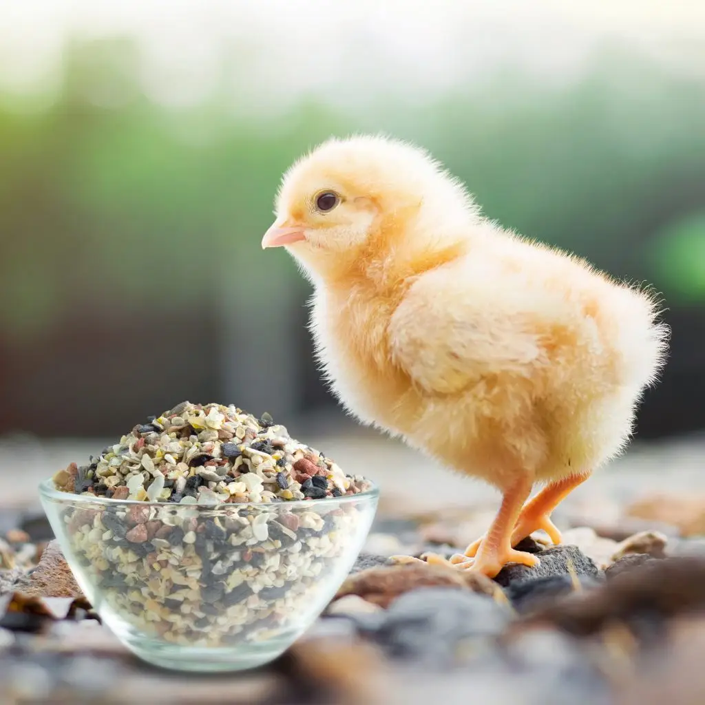 Ein Küken, links daneben eine Schale Mineral Grit Mix