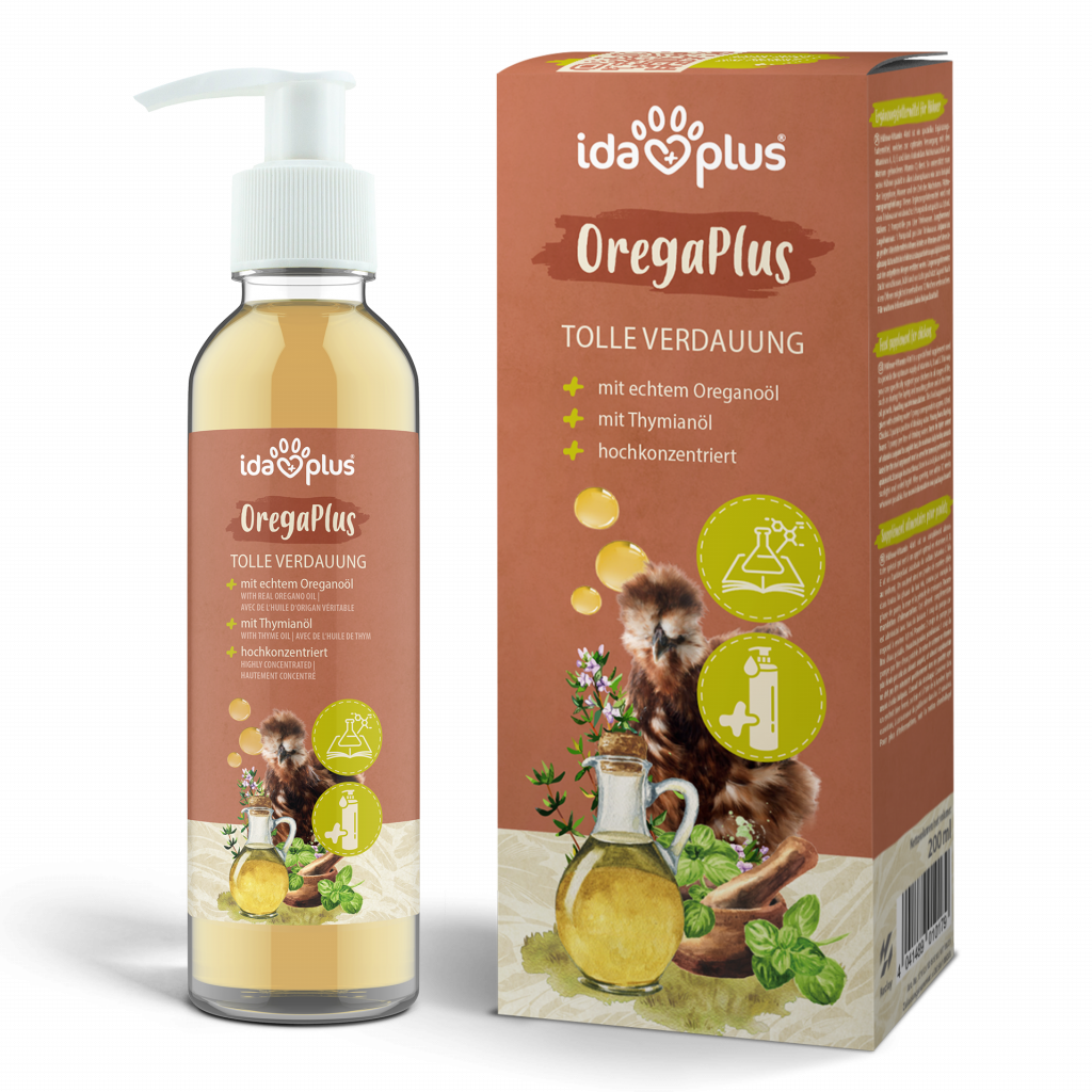 Produkt OregaPlus. Flasche und Produktkarton