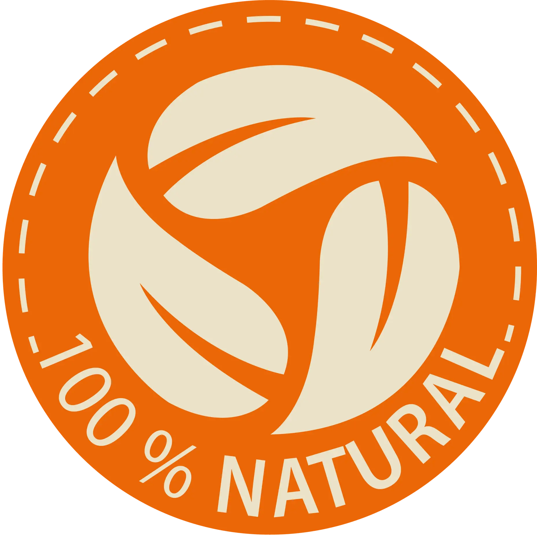 Runder Icon in orange, mit drei Blättern im Kreis angeordnet, Text: 100% Natural, grafisches Symbol