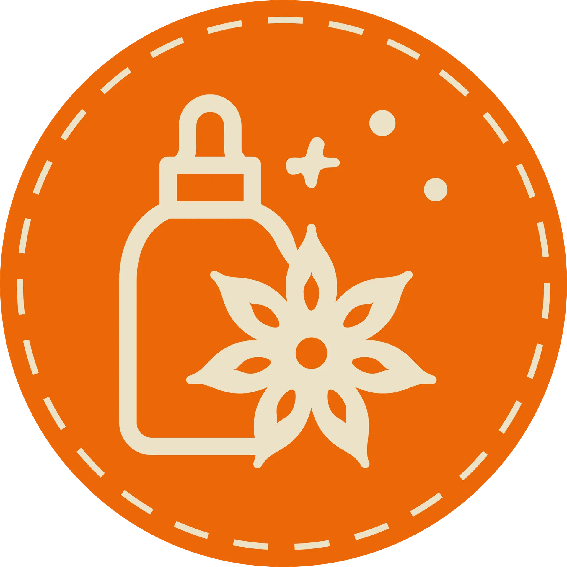 Runder Icon in orange, Pipetten Flasche, ein Sternanis, zwei Punkte, ein Plus, grafisches Symbol