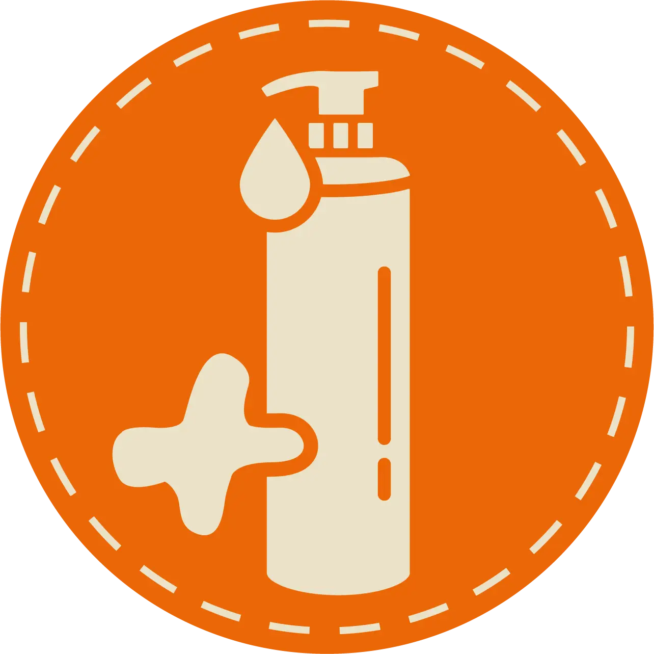 Runder Icon in orange, Dispenserflasche als grafisches Symbol mit einem Plus