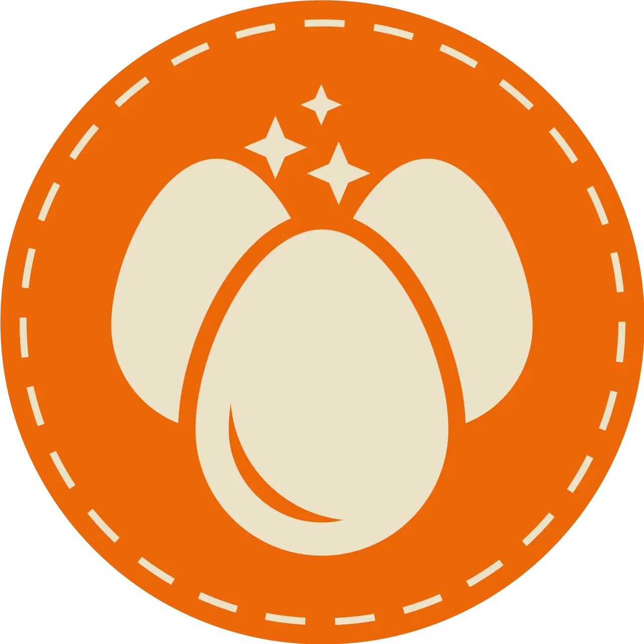 Runder Icon in orange, drei Eier in der Mitte, und drei Sterne darüber, grafisches Symbol