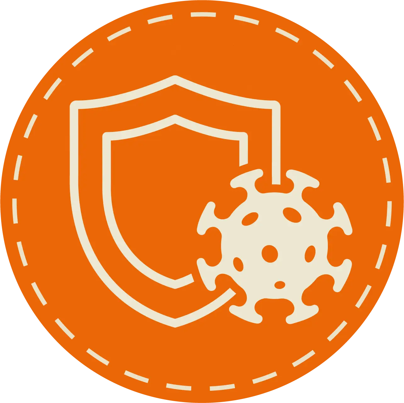 Runder Icon in orange, in der Mitte ein Schild, daneben eine Bakterie, grafisches Symbol