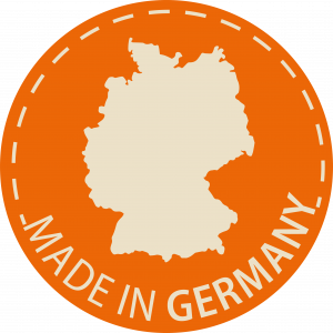 Runder Icon in orange, in der Mitte Deutschland, Text: Made in Germany, grafisches Symbol