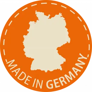 Runder Icon in orange, in der Mitte Deutschland, Text: Made in Germany, grafisches Symbol