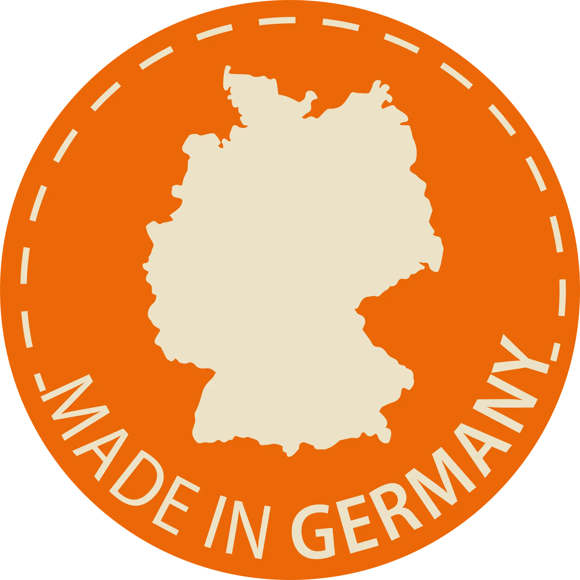 Runder Icon in orange, in der Mitte Deutschland, Text: Made in Germany, grafisches Symbol