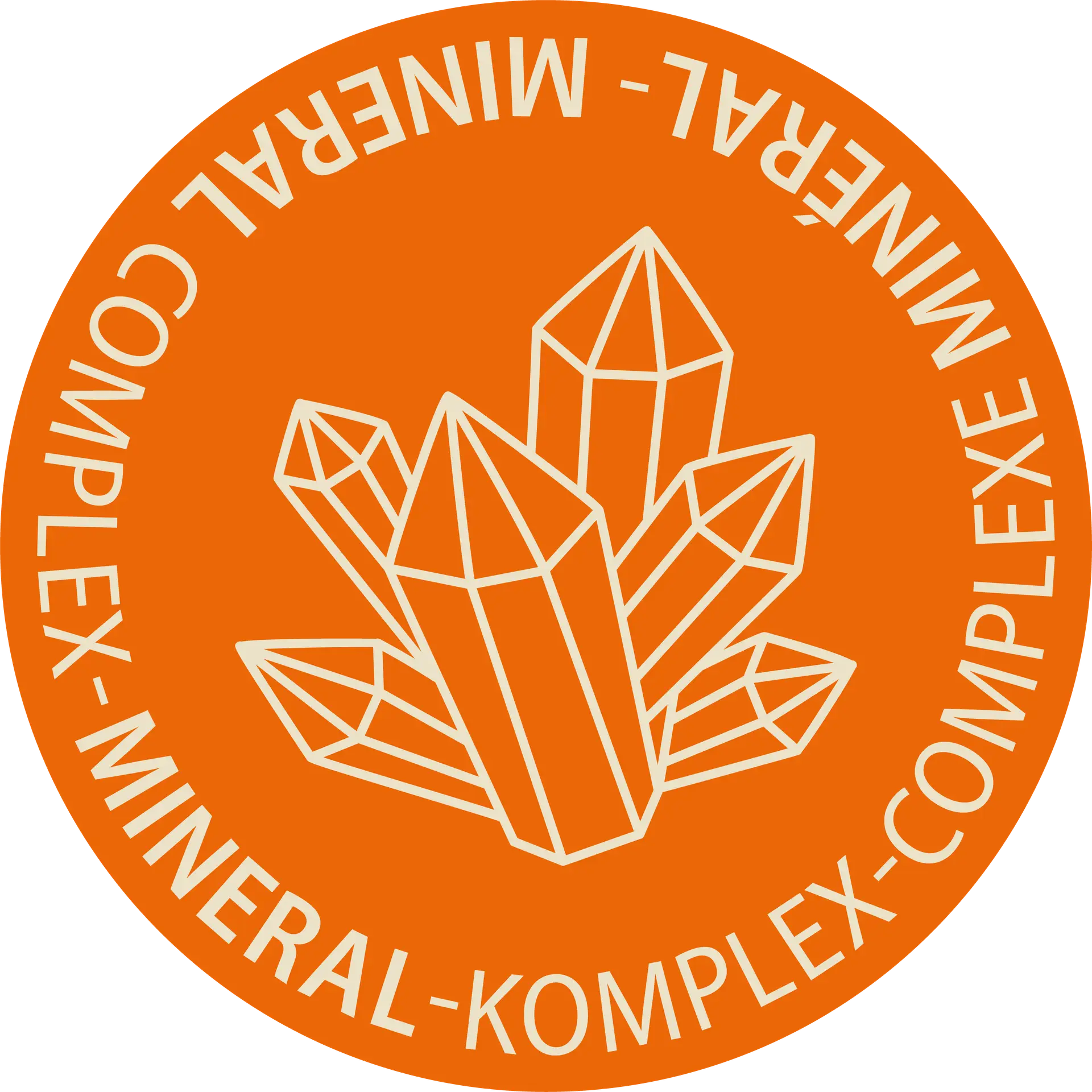 Runder Icon in orange, in der Mitte sechs Mineralien, Text: Mineral-Komplex - Complexe Minéralé - Mineral Complex, grafisches Symbol