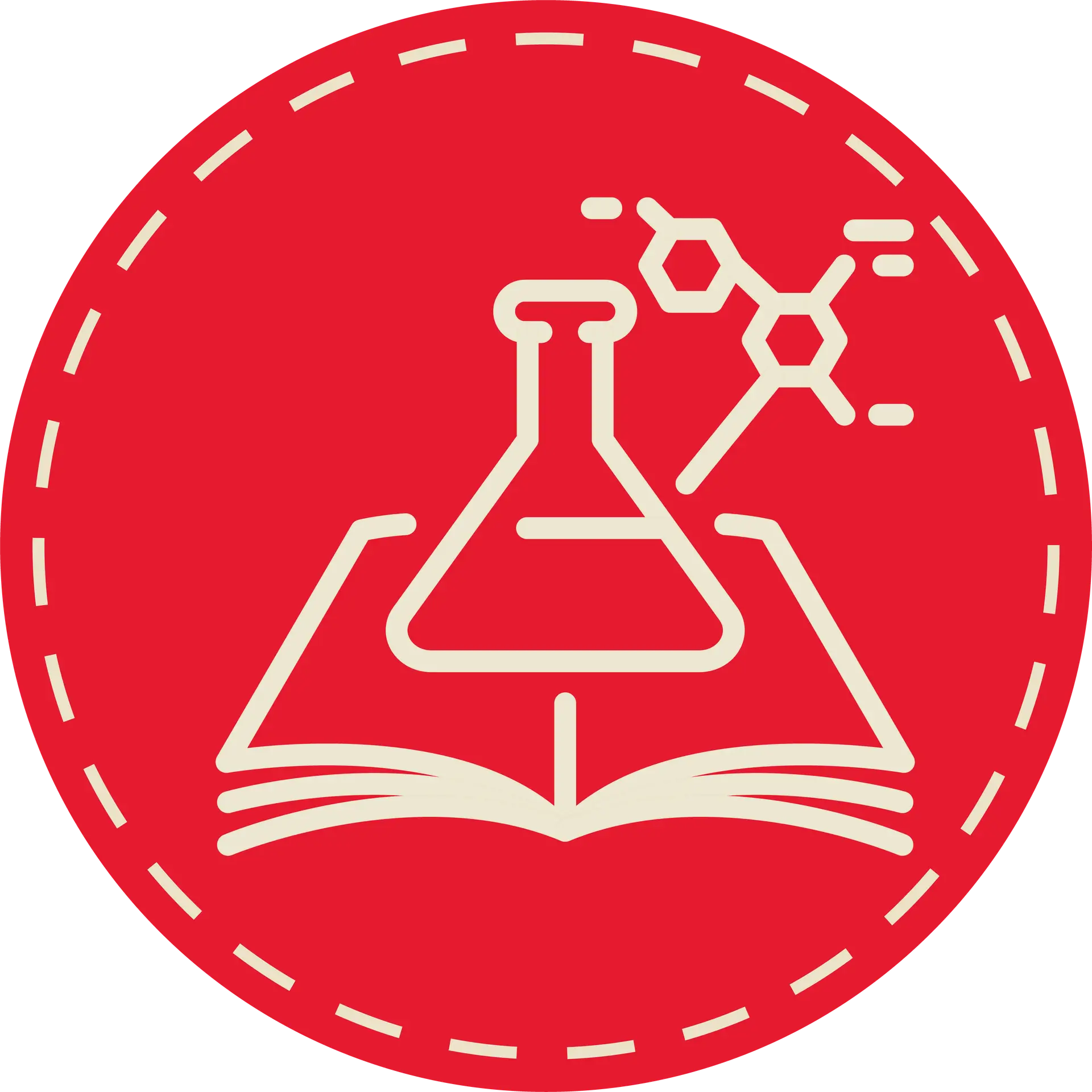 Runder Icon in rot, Reagenzglas in der Mitte, darunter ein aufgeschlagenes Buch, rechts neben dem Reagenzglas eine chemische Verbindung, grafisches Symbol