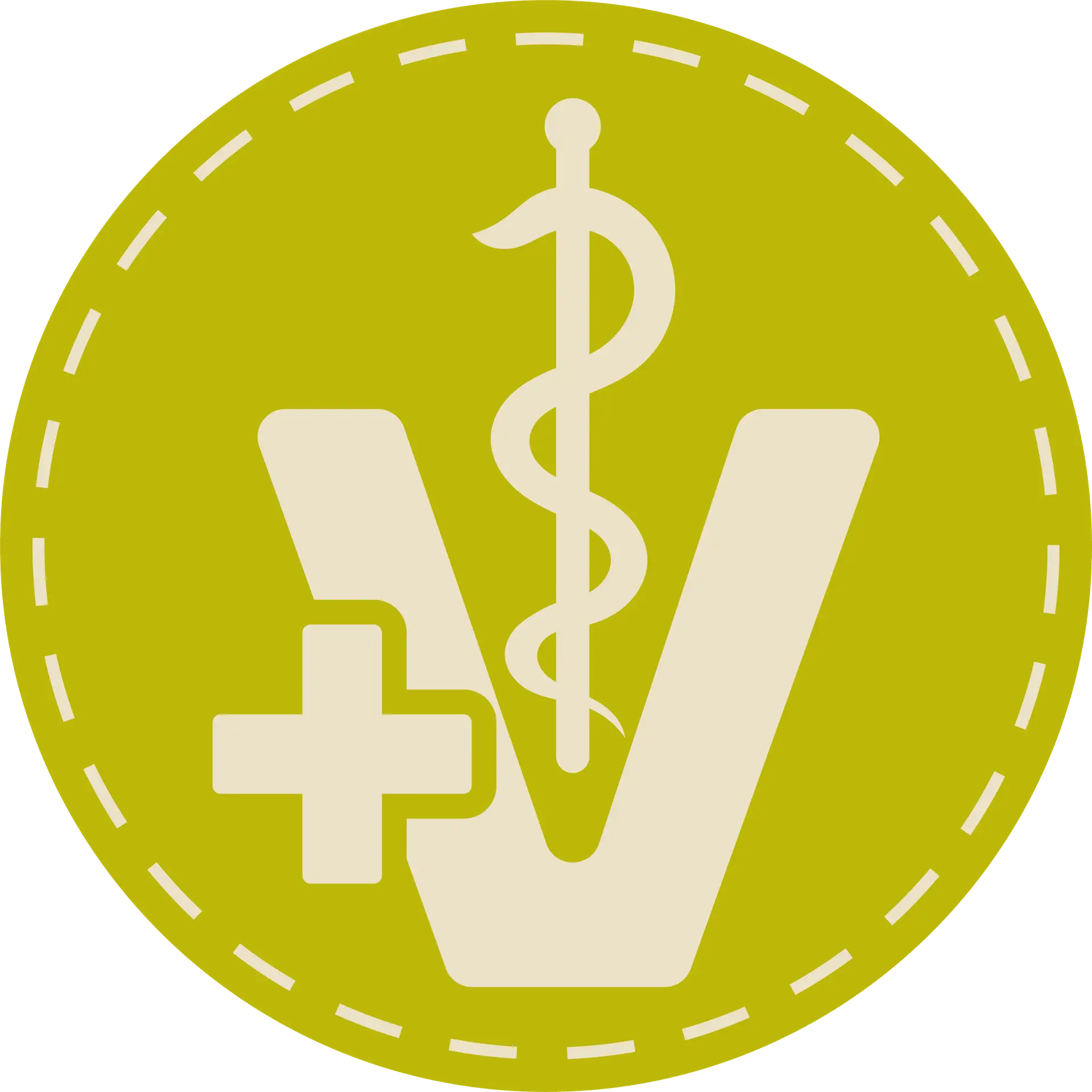 Runder Icon in grün, Buchstabe V mit einem Plus und in der Mitte ein Äskulapstab, grafische Symbole