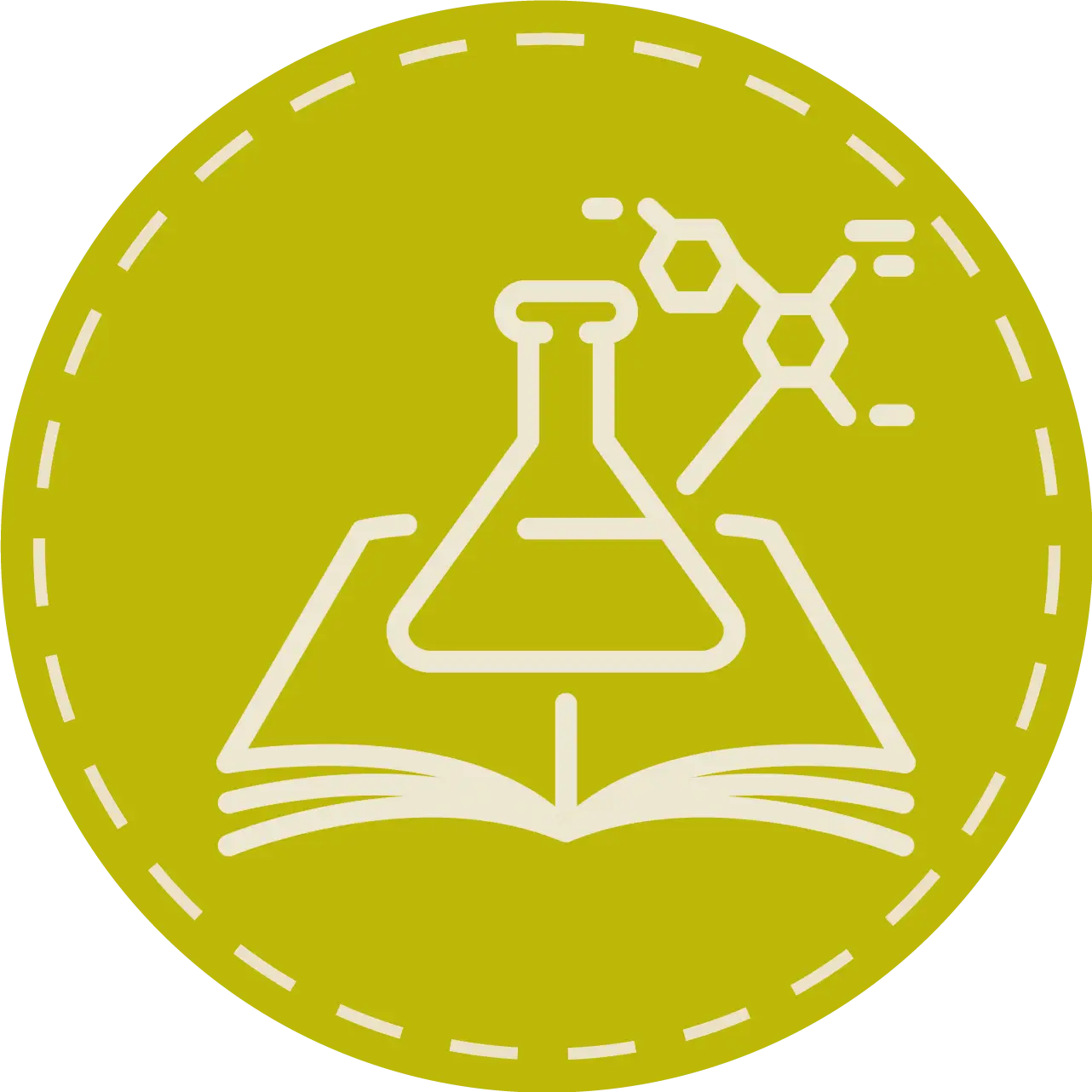 Runder Icon in grün, Reagenzglas in der Mitte, darunter ein aufgeschlagenes Buch, rechts neben dem Reagenzglas eine chemische Verbindung, grafisches Symbol