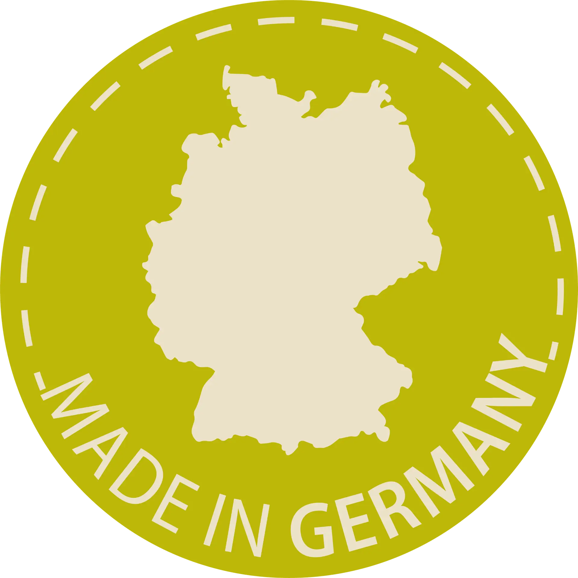 Runder Icon in grün, in der Mitte Deutschland, Text: Made in Germany, grafisches Symbol