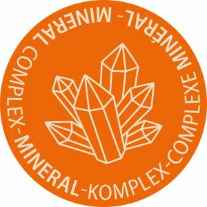 Runder Icon in orange, in der Mitte sechs Mineralien, Text: Mineral-Komplex - Complexe Minéralé - Mineral Complex, grafisches Symbol