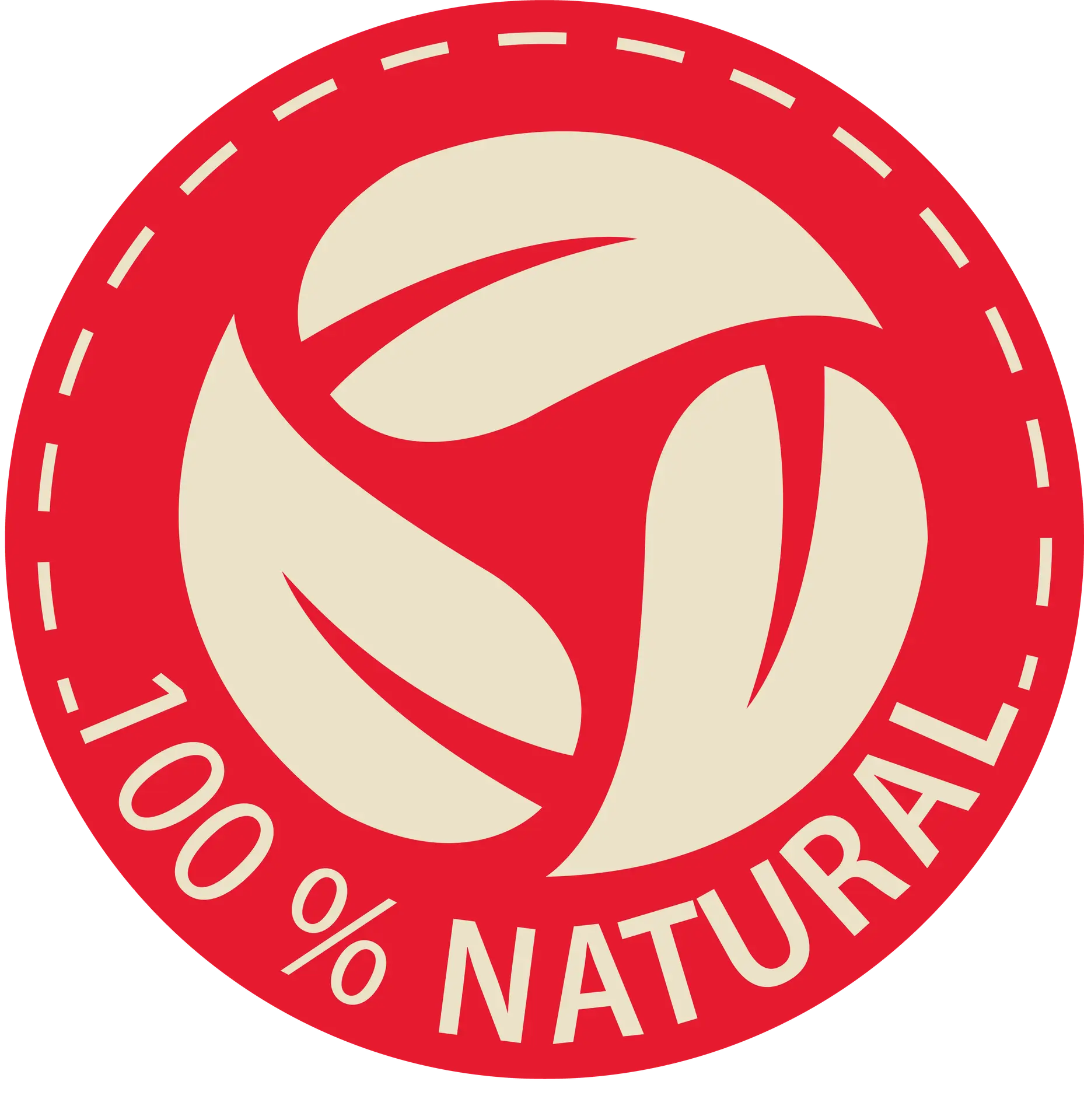 Runder Icon in rot, mit drei Blättern im Kreis angeordnet, Text: 100% Natural, grafisches Symbol
