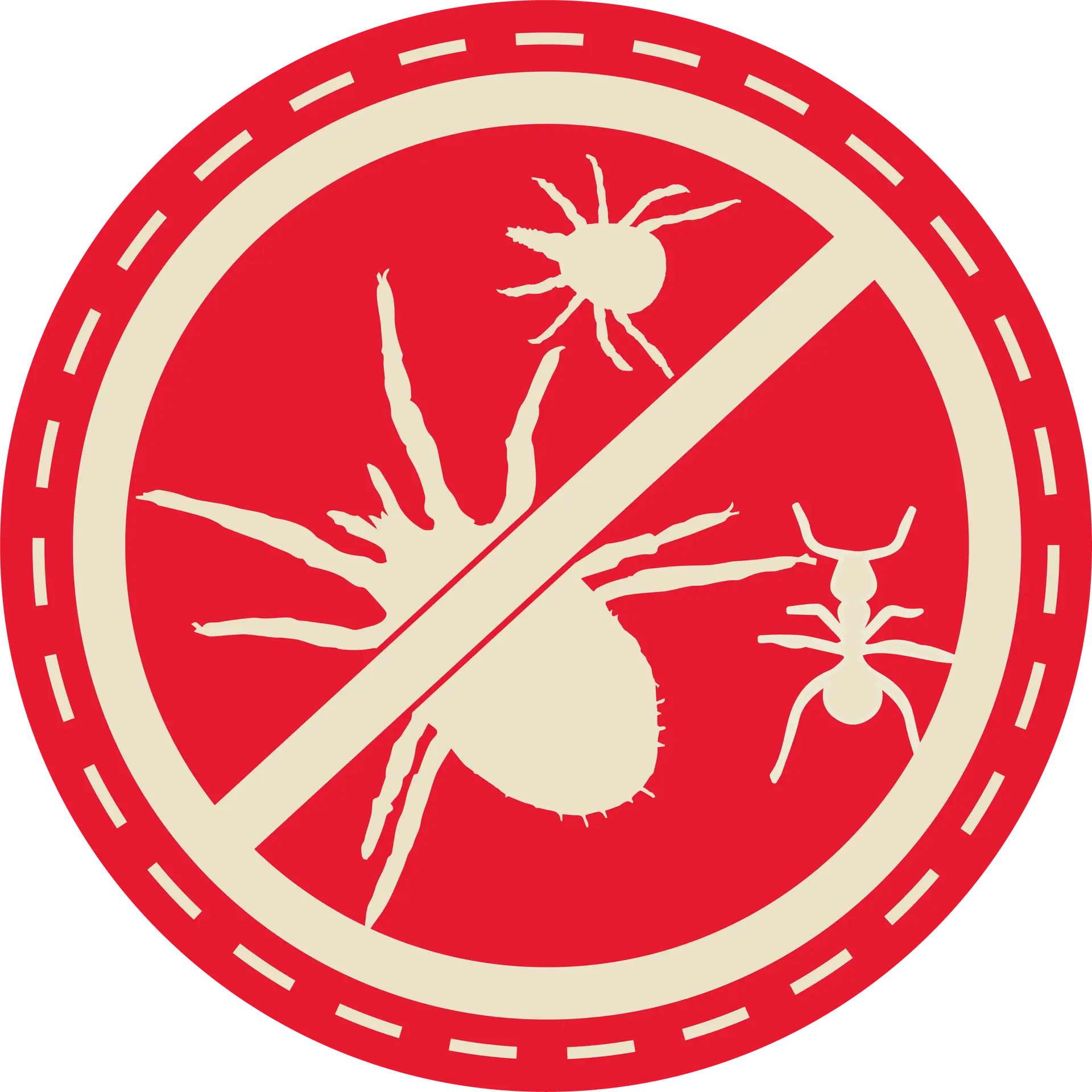 Runder Icon in rot, durchgestrichene Schädlinge wie Milben, Zecken, Ameisen, grafisches Symbol