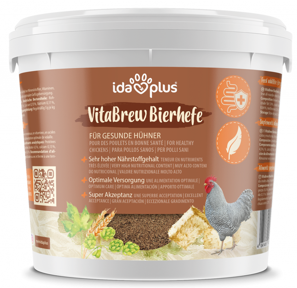 Produktabbildung von Ida Plus VitaBrew Bierhefe für Gesunde Hühner. Eimer mit braunem Etikett.