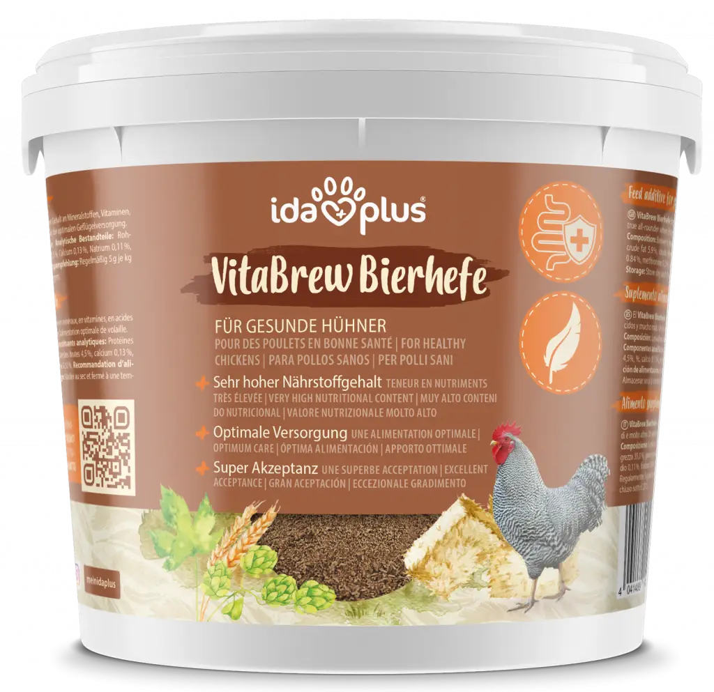 Produktabbildung von Ida Plus VitaBrew Bierhefe für Gesunde Hühner. Eimer mit braunem Etikett.