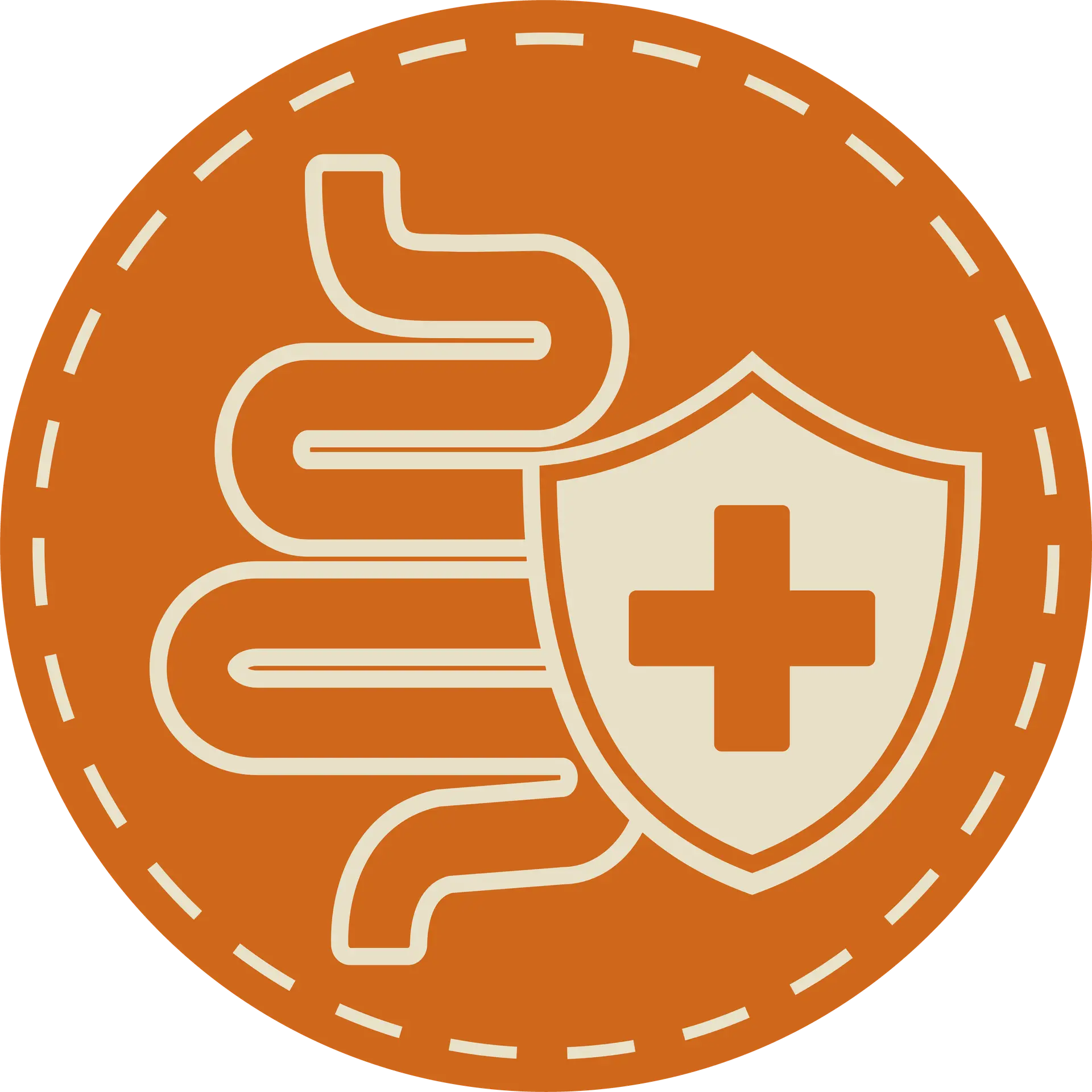 Icon Darmschutz. Abgebildet ist ein orangefarbenes Icon mit einem Schutzschild und dem Darm.