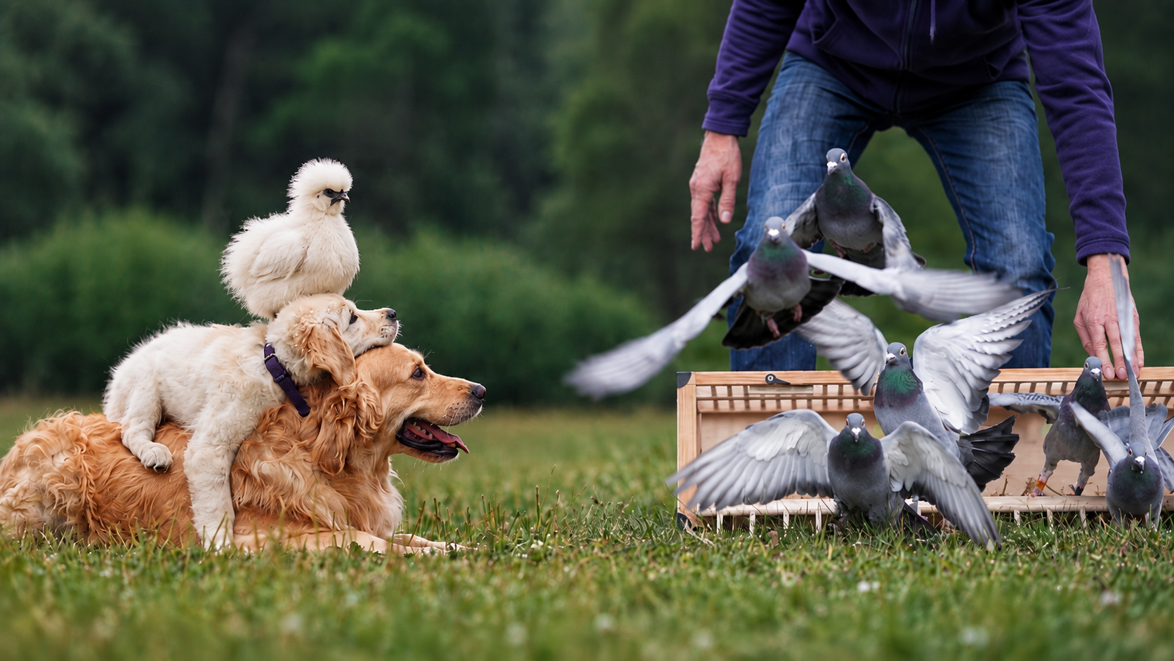 Hunde, Hühner und Tauben auf einer grünen Wiese